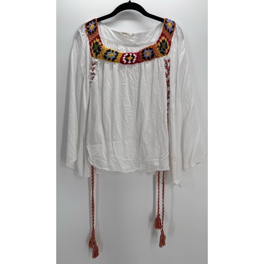 Rocks & Indigo White Crochet Granny Square Peasant Blouse XL Boho Tassel Top